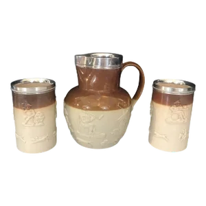 Antique English Doulton Salt Glaze Pitcher and Tankard Set With Silver Hallmarks- 3 Pieces