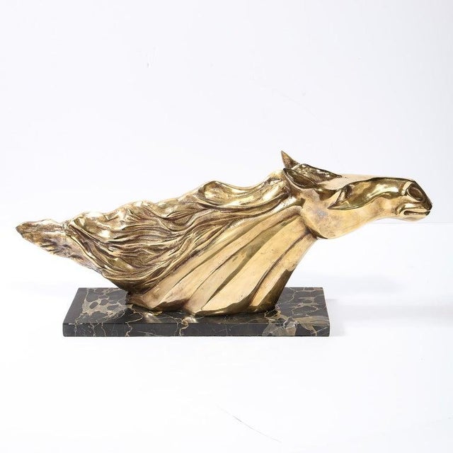 Art Deco Stylized Stallion Sculpture in Brass on Black Portoro Marble Base For Sale In New York - Image 6 of 12