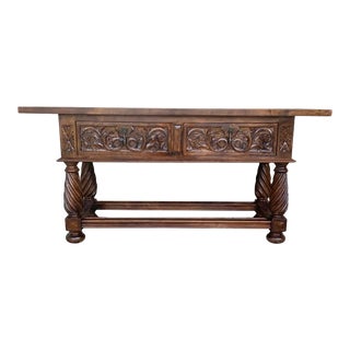 19th Century Spanish Low Console Table With Solomonic Legs & Two Carved Drawers For Sale