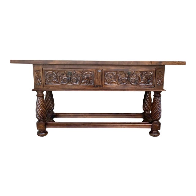 19th Century Spanish Low Console Table With Solomonic Legs & Two Carved Drawers For Sale