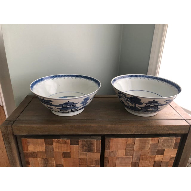 Ceramic Large Vintage Chinoiserie Blue and White Bowls a Pair For Sale - Image 7 of 12