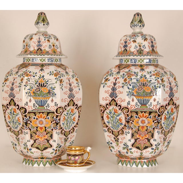 Delft Vintage Delft Vases Polychrome Tall Covered Jars Floor Vases a Pair For Sale - Image 4 of 9