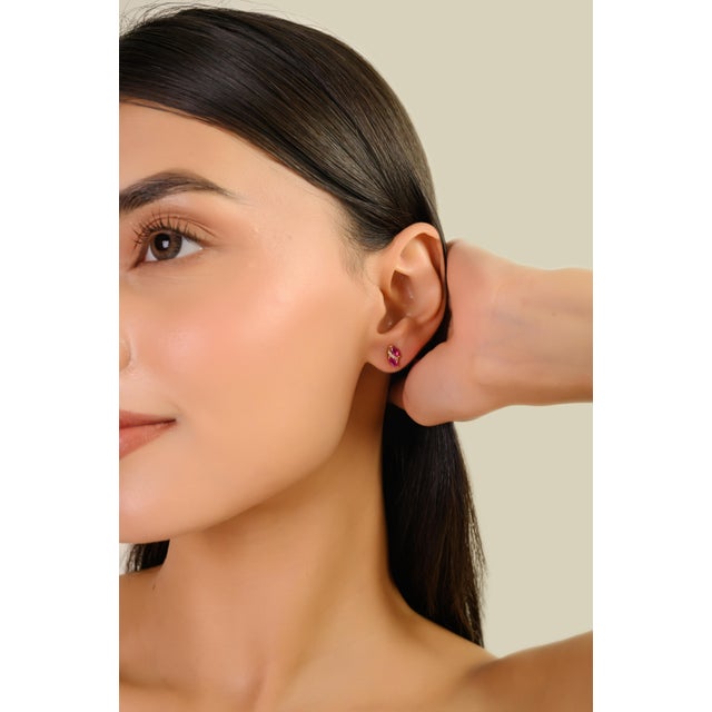 14k Yellow Gold Marquise Cut Natural Ruby & Diamond Cluster Stud Earrings- 2 Pieces For Sale In New York - Image 6 of 12