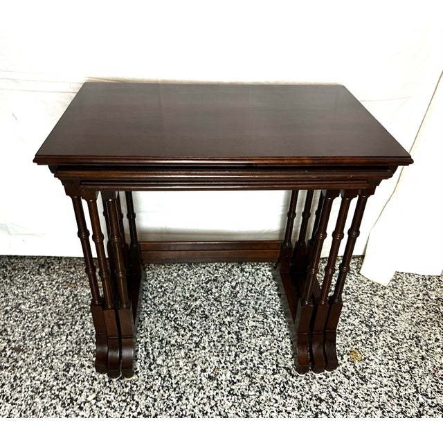 Set of 3 Ethan Allen Georgian Court nesting tables in mahogany. Sizes: Large: 23w x 14.5d x 22h Medium: 20w x 14.5d x...
