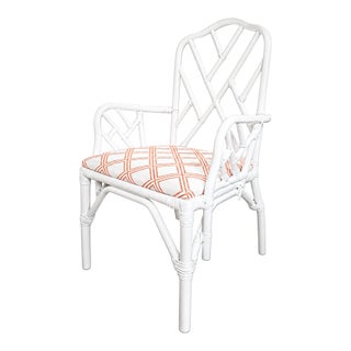 VIntage Chinoiserie Rattan Armchair in High-Gloss White With Coral Embroidered Cushion For Sale
