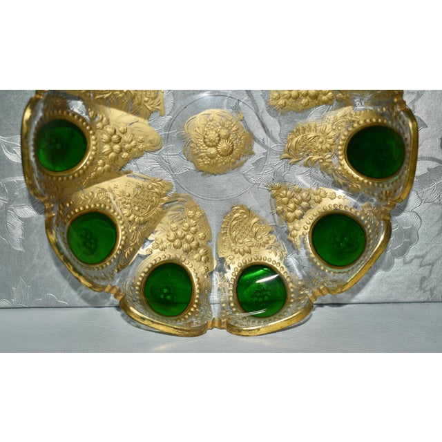 Vintage Pair of Bohemian Moser Style Dishes Etched Emerald & Gold Glass For Sale - Image 9 of 12