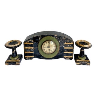 1920's Art Deco Black Marble, Onyx, and Brass Clock Garniture Set For Sale