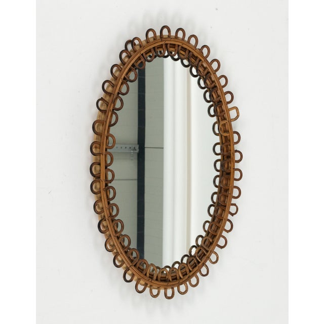 Mid-Century Modern Mid-Century Oval Rattan and Bamboo Wall Mirror in the style of Franco Albini, Italy, 1960s For Sale - Image 3 of 10