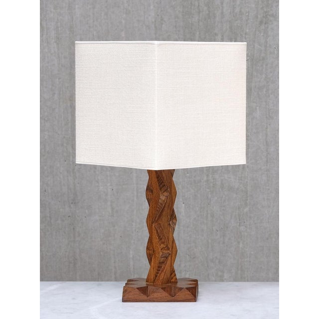 French Art Deco Geometric Oak Table Lamp with Linen Shade, Late 1930s For Sale - Image 4 of 13