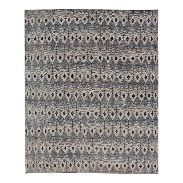 Keivan Woven Arts Hand-Knotted Modern Rug in Navy Blue & Off White 10'6 X 13'0 For Sale