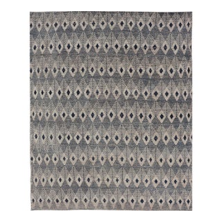 Keivan Woven Arts Large Modern Diamond Design Rug in Navy, Blue and Off White For Sale