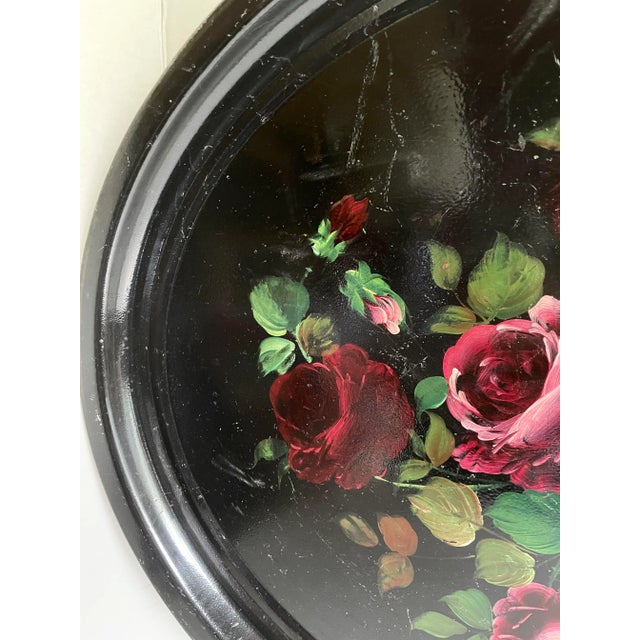 English Antique Tole Metal Hand-Painted Rose Tray For Sale - Image 3 of 5