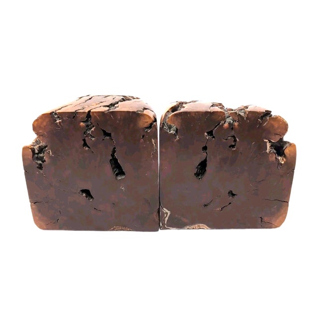 1990s Burlwood Bookends Live Edge Natural Rustic Library Mid Century Modern Unique For Sale - Image 5 of 9