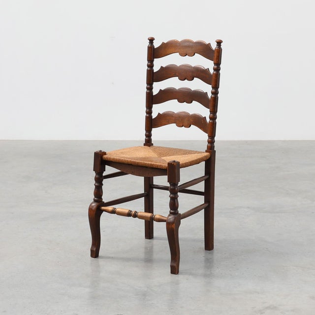 Rustic Oak Ladder-Back Chair with Rush Seat and Cabriole Front Legs, France, 1900s For Sale - Image 14 of 14