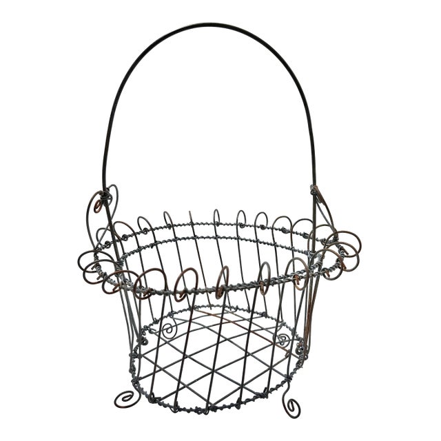 19th Century Victorian Handmade Wire Egg Gathering Basket - Primitive Farmhouse Garden Decor For Sale