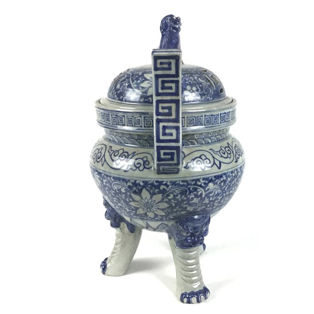 Art Deco Antique Chinese Blue and White Tripod Incense Burner For Sale - Image 3 of 13