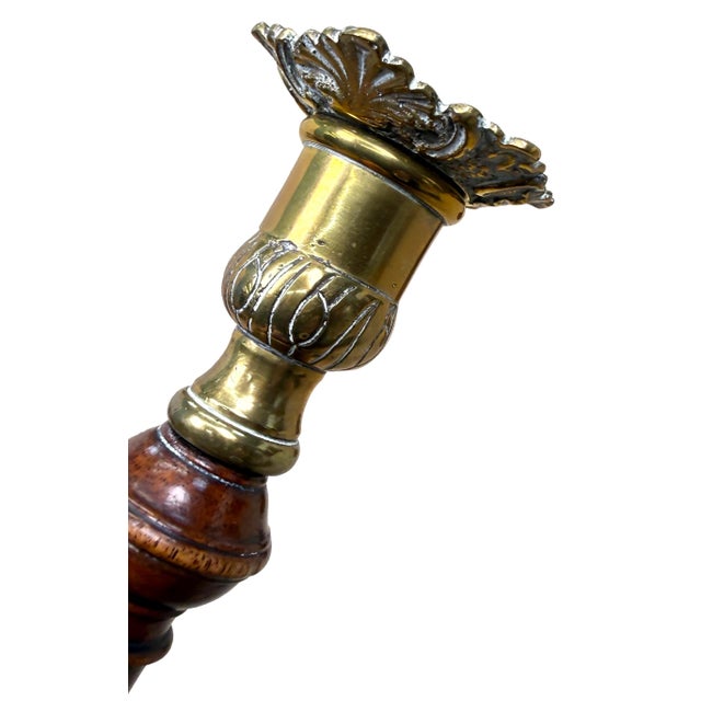 A Very Good Quality And Attractive 18th Century Georgian Pair Of Mahogany And Brass Candlesticks, Having Charming Foliate...