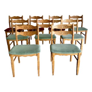 Mid Century Henning Kjaernulf Attrb Danish Oak Dining Chairs, Set of 9 For Sale