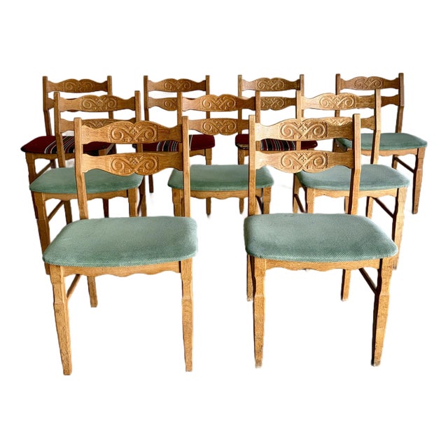 Mid Century Henning Kjaernulf Attrb Danish Oak Dining Chairs, Set of 9 For Sale