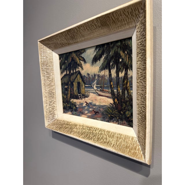 Vintage Mid-Century Signed Coastal Oil Painting With Palm Trees & Chickens For Sale - Image 4 of 15