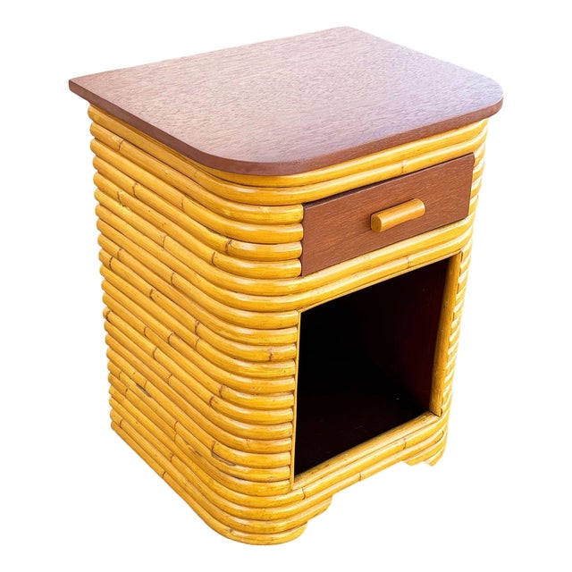 1930s Restored Streamline Art Deco Stacked Rattan Bedside Table W/ Mahogany Top, Cubby For Sale