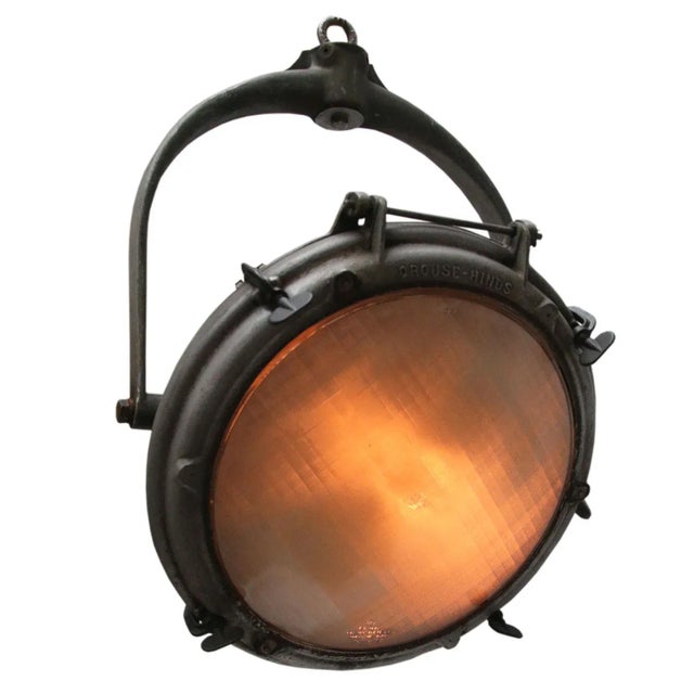 Industrial Vintage Industrial American Cast Aluminum & Frosted Glass Hanging Spotlight, 1950s For Sale - Image 3 of 5