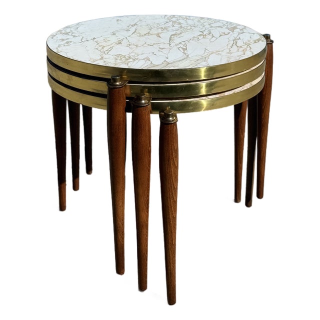 Vintage Set of 3 Formica Brass & Walnut Nesting Tables For Sale
