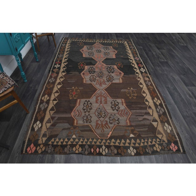 1970s Vintage Turkish Handmade Wool Cotton Brown Runner Rug For Sale - Image 4 of 11