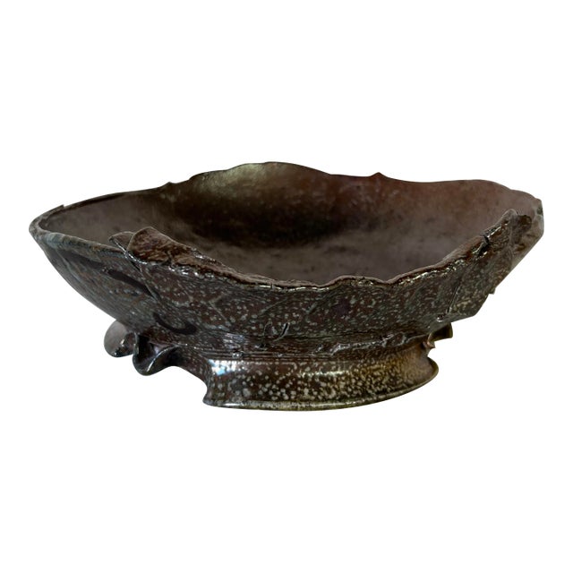Vintage Brown Glazed Abstract Pottery Bowl For Sale