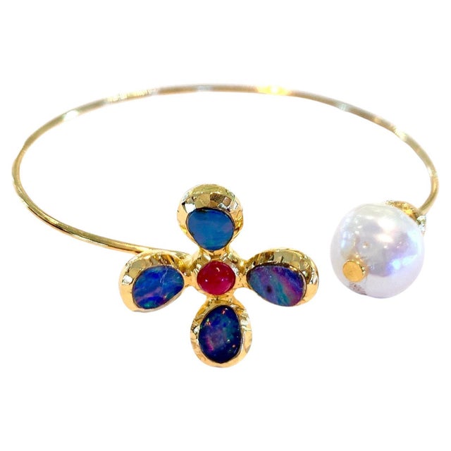 Bochic "Jungle" Vintage Ruby & Opal and South Sea Pearl Bangle 18K Gold & Silver For Sale - Image 15 of 18