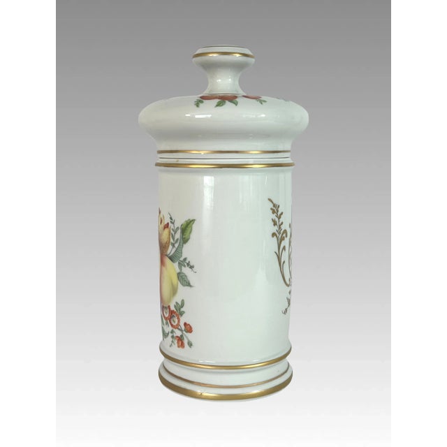 Striking French white cylindrical porcelain lidded cannister jar hand decorated and signed by the Limoges artist 'Alfredo...