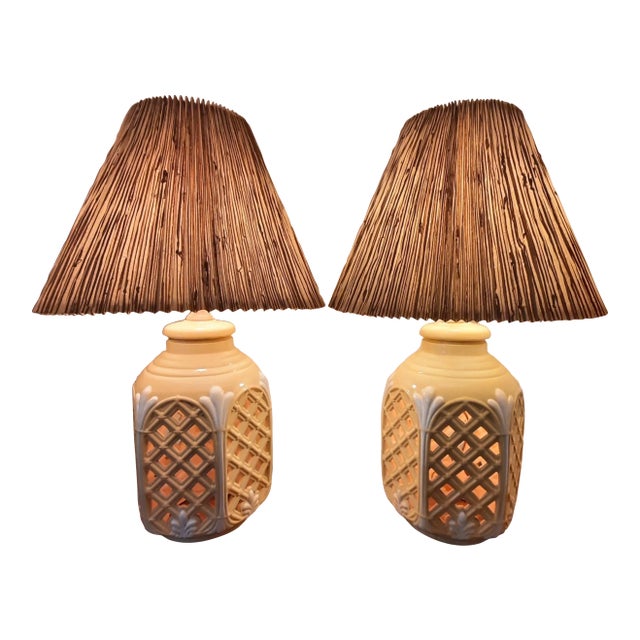 Lattice Cutout Glow Lamps Grass Cloth Shade For Sale