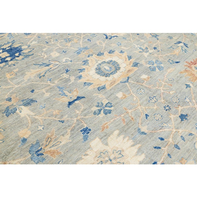 Modern Oushak Style Hand-Knotted Wool Rug - Slate Blue & Cream Floral For Sale - Image 11 of 11