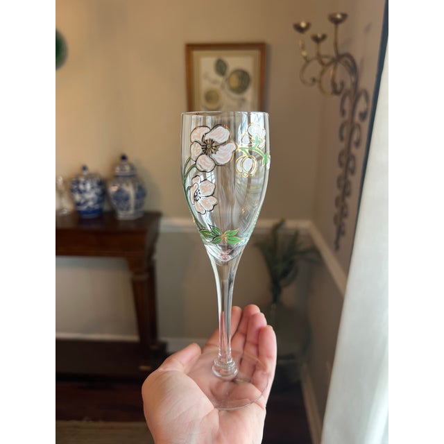 Vintage Art Nouveau Perrier Jouet Hand Painted Floral Champagne Flutes - Design by Emile Galle - Set of 6 For Sale - Image 6 of 13