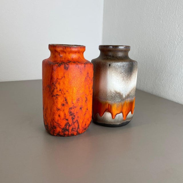 Fat Lava Orange Pottery Vases attributed to Scheurich, Germany, 1970s, Set of 2 For Sale - Image 3 of 18