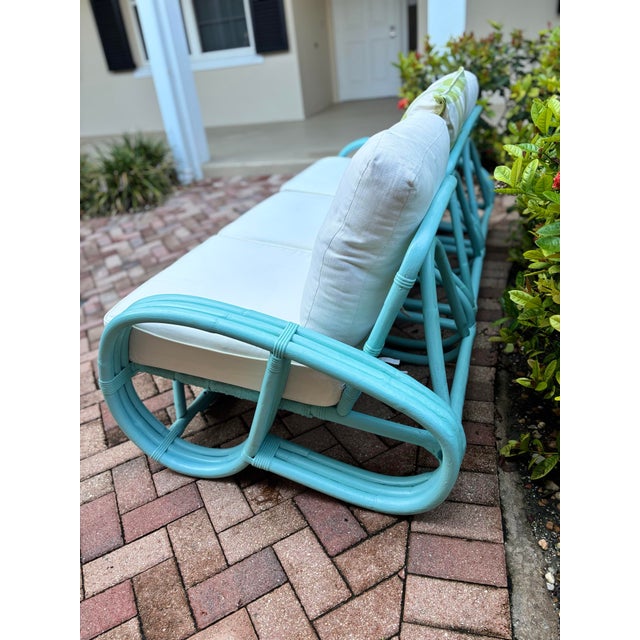 Mid-Century Modern Mid-Century Bamboo Pretzel Sofa in Robin Egg Blue With New Restoration Hardware Outdoor Cushions for a Modern Appeal and Comfort. 3 Sections For Sale - Image 3 of 10