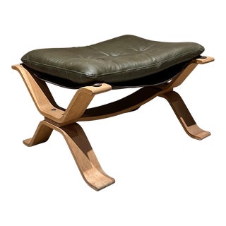 1970s Scandinavian Sculptural X Footstool Ottoman in Leather and Blonde Wood For Sale