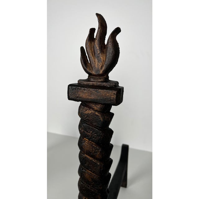 Pair of cast iron and wrought iron firedogs, flame-gilded, in the style of Gilbert Poillerat For Sale - Image 9 of 12