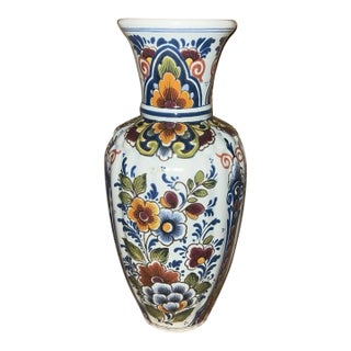 Vintage Hand Painted Delft Polychrome Floral Handwerk Vase For Sale