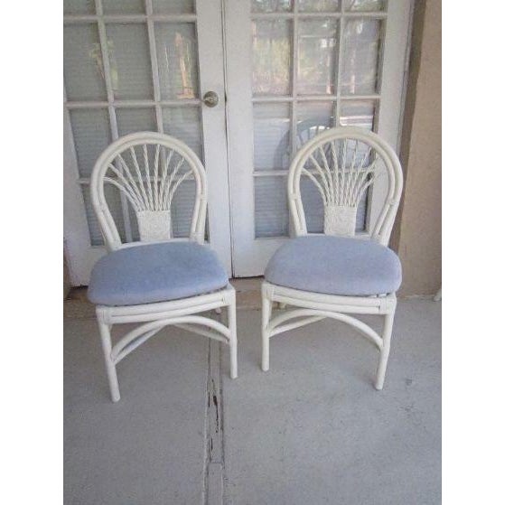 1970s 1970s Tropical Style Wicker Bamboo Dining Chair White With Cushion Set of 4 For Sale - Image 5 of 11