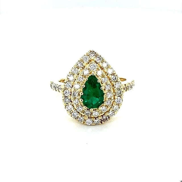Contemporary 1.38 Carat Colombian Emerald Double Halo Diamond Yellow Gold Ring, Size 6.5 For Sale - Image 3 of 10