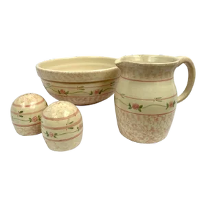 1970s Vintage Marshall Pottery Stoneware Vegetable Bowl, Pitcher, and Shakers - Set of 4