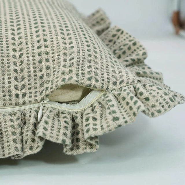 Fabdivine Artisan Block Print Throw Frill Pillow Cover Green 18x18 Inch Thick Linen- Ratanbel For Sale - Image 4 of 5