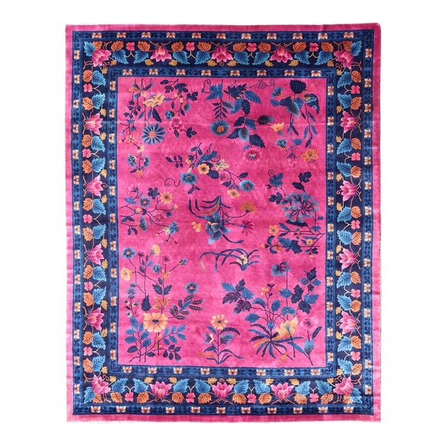 Magenta Background Chinese Art Deco Rug With Large Vining Flowers and Leaves 12'0 X 14'8 For Sale