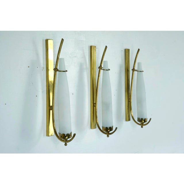 Sconces in Brass and Triplex Opaline Glass in the style of Arredoluce, Italy, 1950s, Set of 3 For Sale - Image 9 of 13