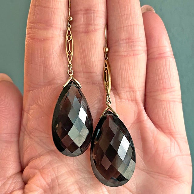 Vintage Circa 1950 9k Gold and Smoky Citrine Drop Earrings - 2 Pieces For Sale In Madison - Image 6 of 10