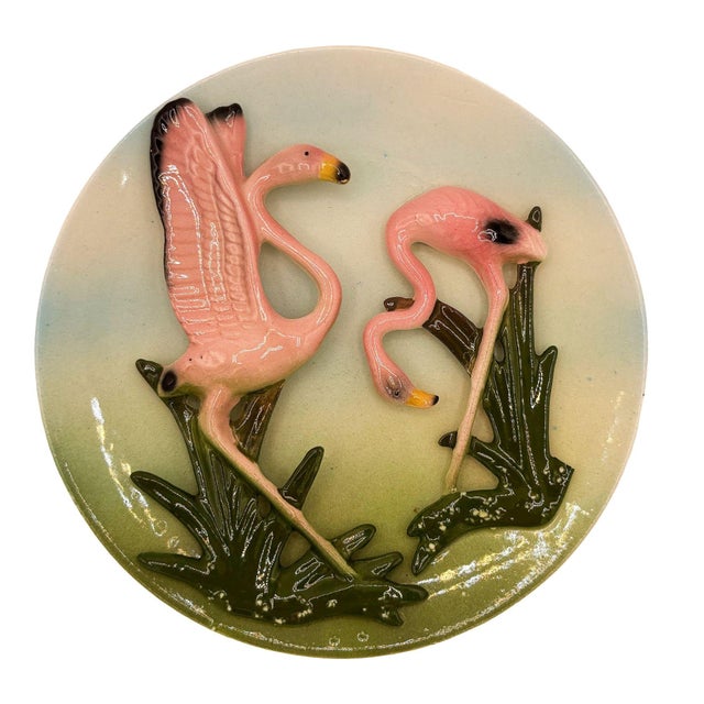 Mid-century pink and green 3d sculptural ceramic California pottery flamingo theme flower wall Plate. The wall plate...