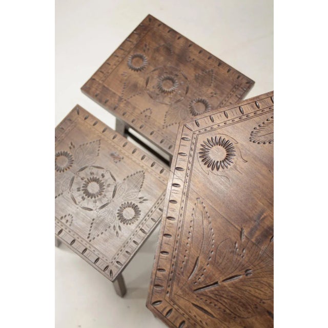 Hand Carved Folk Table and Stools, Former Czechoslovakia, 1960s, Set of 3 For Sale - Image 3 of 9