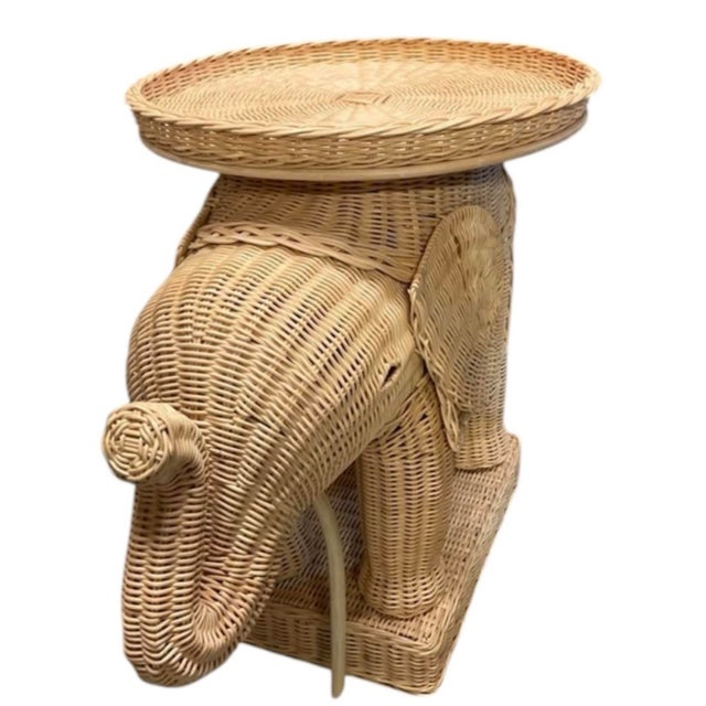 Vintage Natural Wicker and Rattan Elephant Accent Side Table With Tray Top For Sale In West Palm - Image 6 of 12
