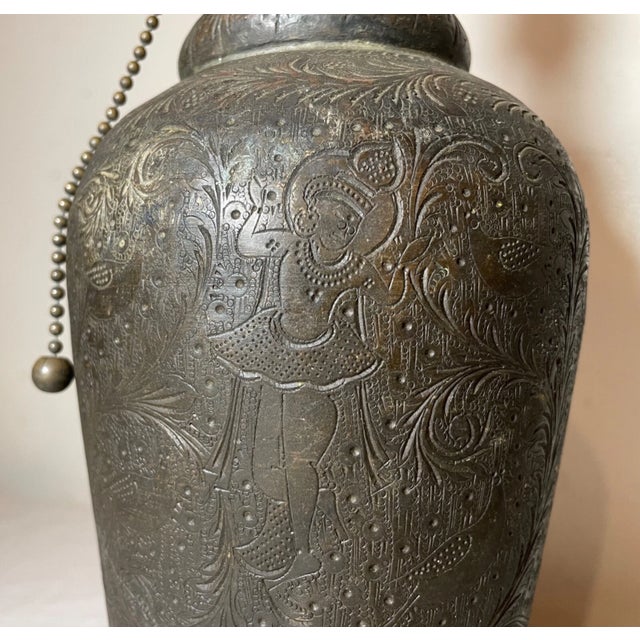 Antique 1800's Hand Tooled Moorish Middle Eastern Islamic Bronze Table Lamp Urn For Sale In New York - Image 6 of 16